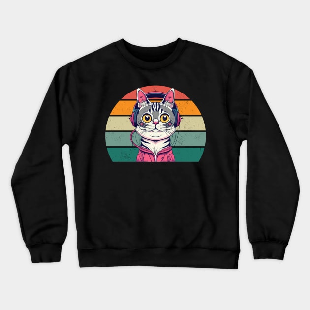 Cute cat wearing headphones Crewneck Sweatshirt by Clouth Clothing 